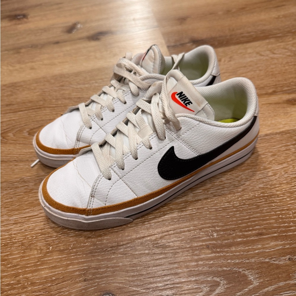 Nike Women’s White Sneakers with Black Swoosh and Tan Trim